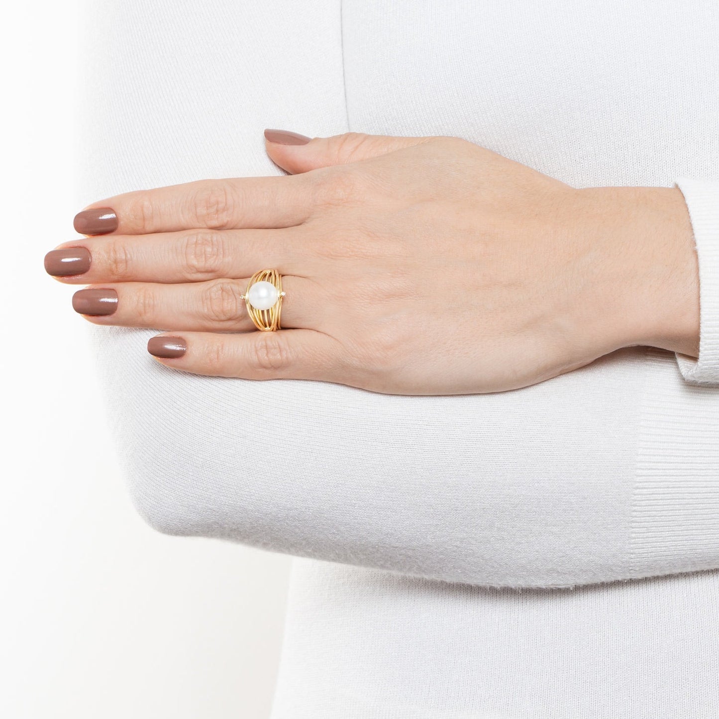 Anel aros com pérola e diamantes em ouro
