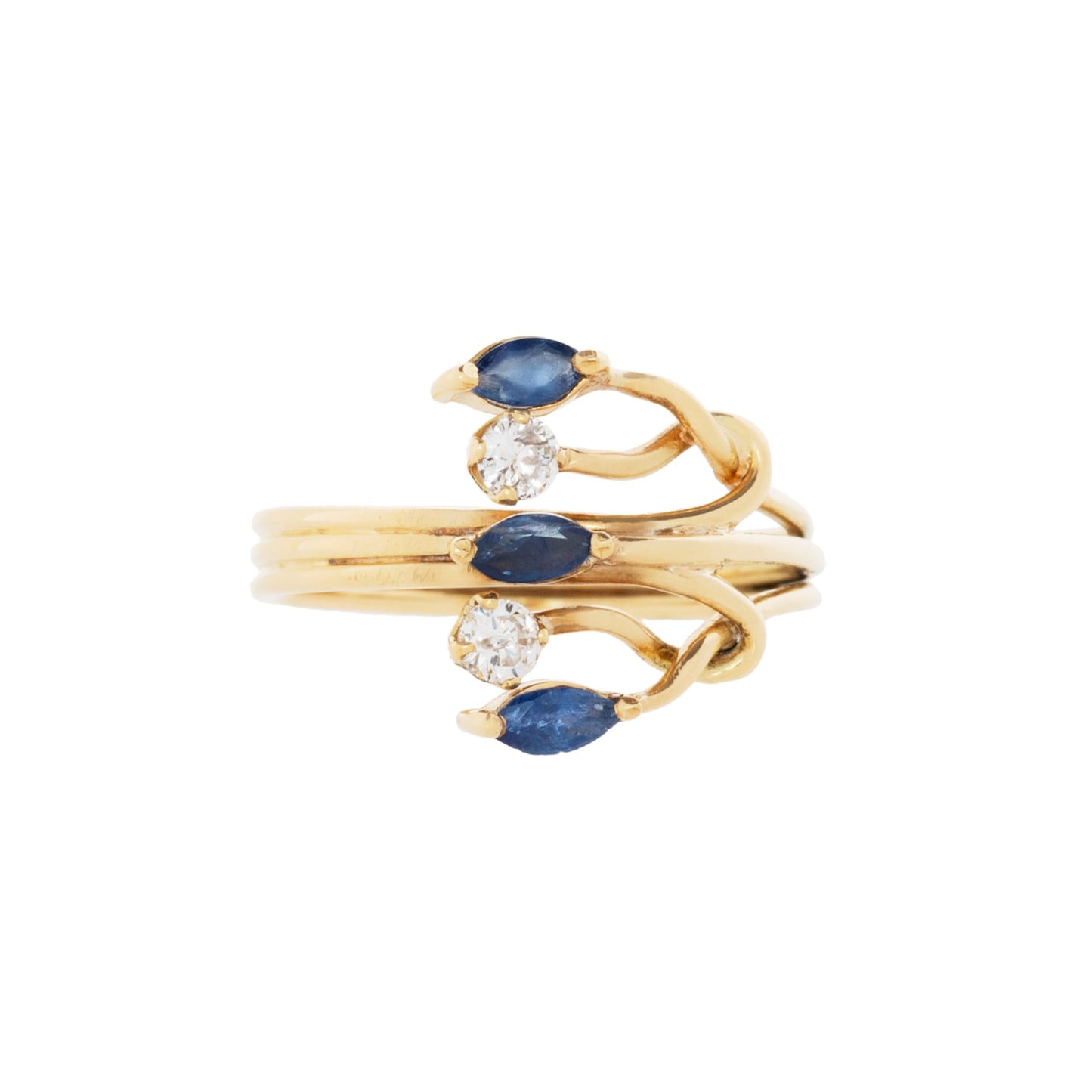 Anel vintage com safiras e 0,16 ct de diamantes em ouro