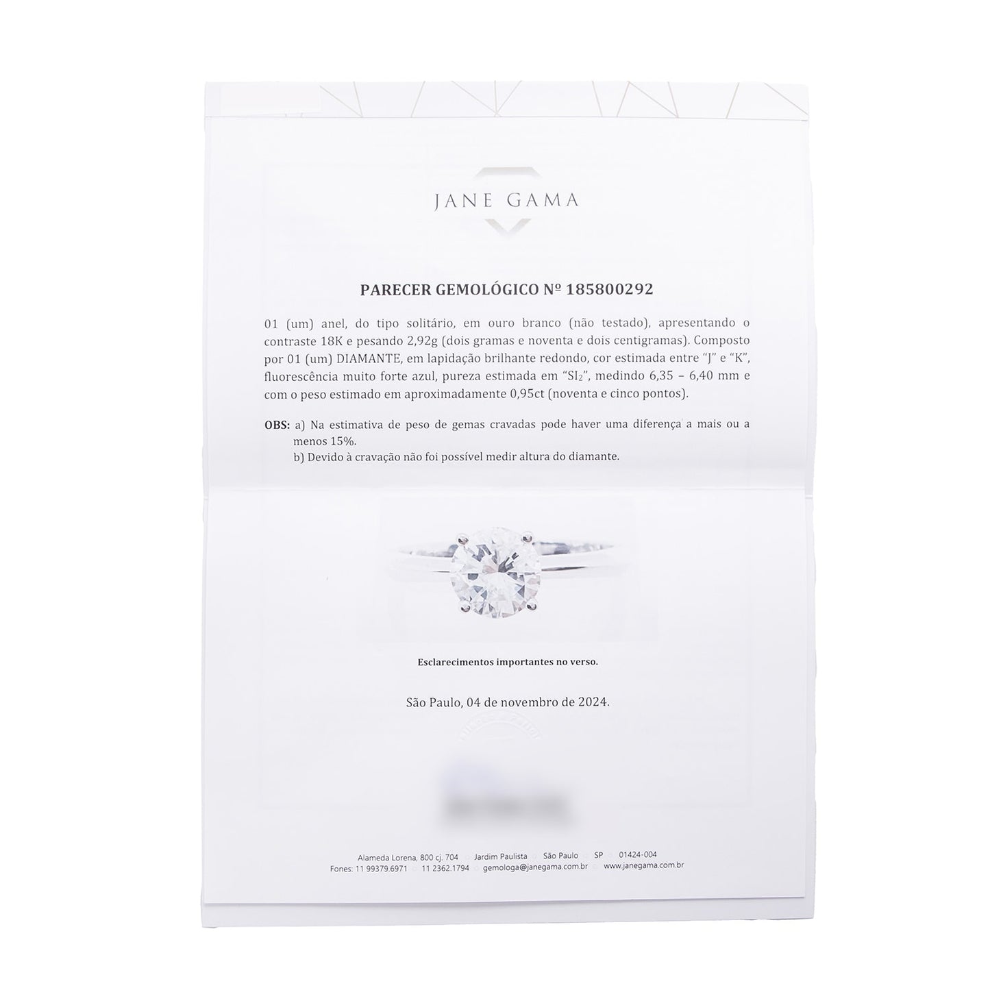 Anel solitário com 0,95 ct de diamante em ouro