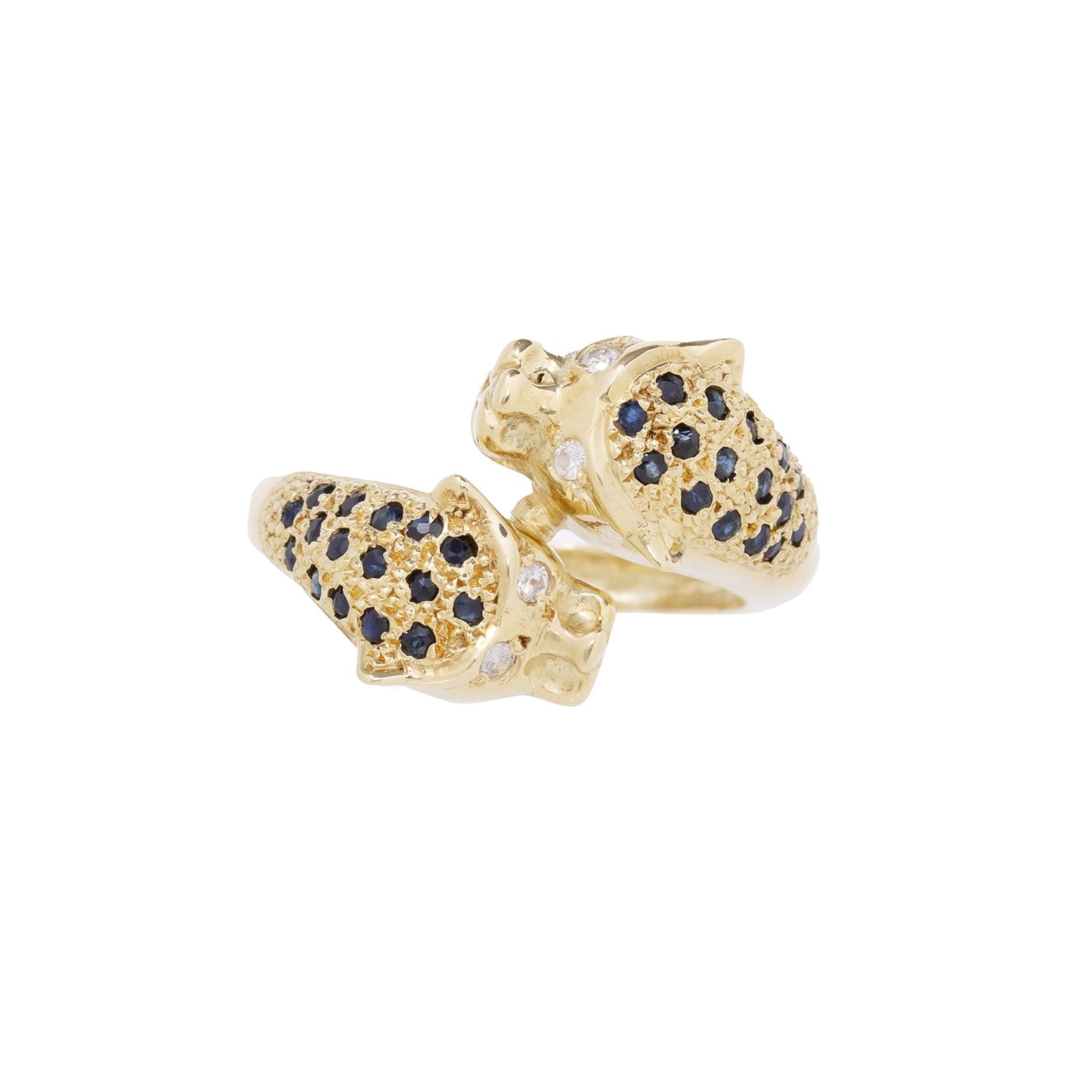 Anel forma tigres com diamantes e safiras em ouro