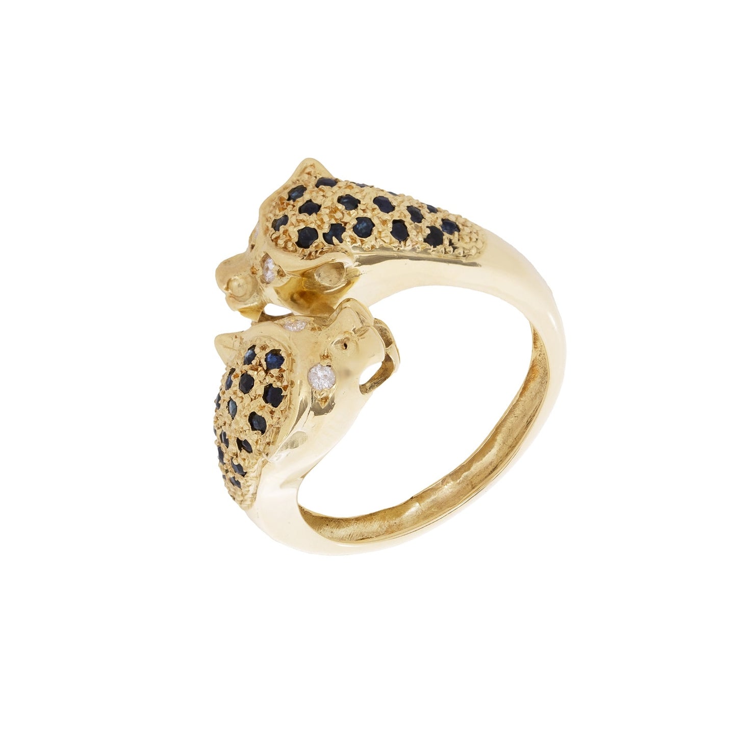 Anel forma tigres com diamantes e safiras em ouro