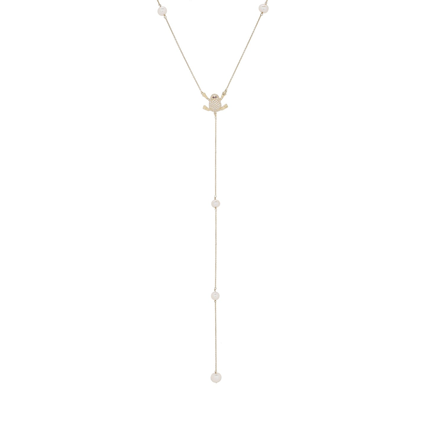 Colar longo com rubis, pérolas e 0,50 ct de diamantes em ouro