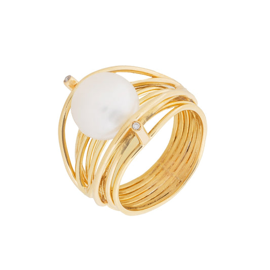 Anel aros com pérola e diamantes em ouro
