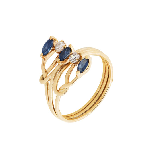 Anel vintage com safiras e 0,16 ct de diamantes em ouro