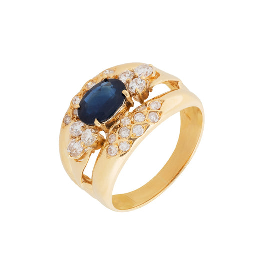 Anel Art Déco com safira e 0,90 ct de diamantes em ouro
